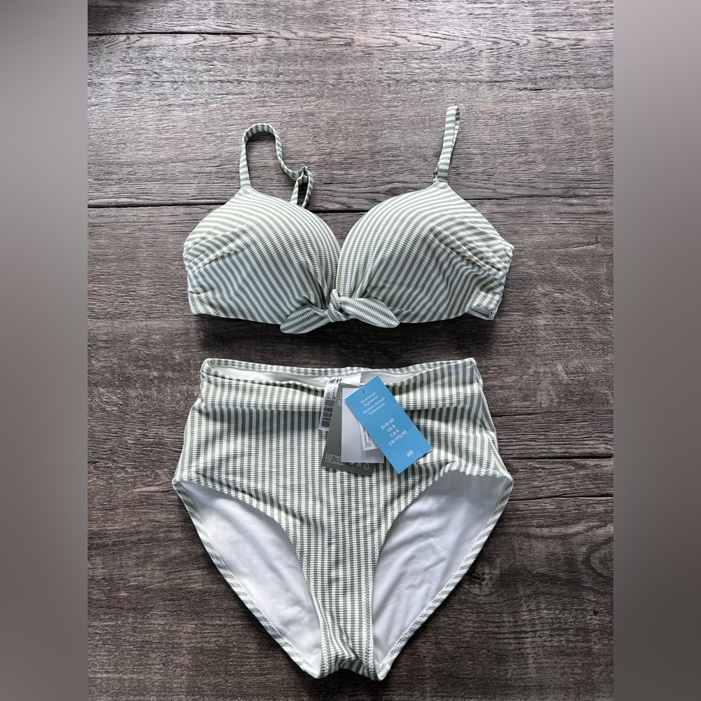 H&M Light Green Striped Bikini Set